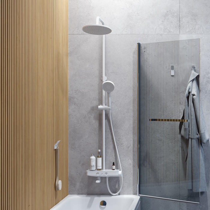 Фото Смеситель для ванны с верхним душем, белый матовый, Shelfy, IDDIS, SHEWTBTi06 1