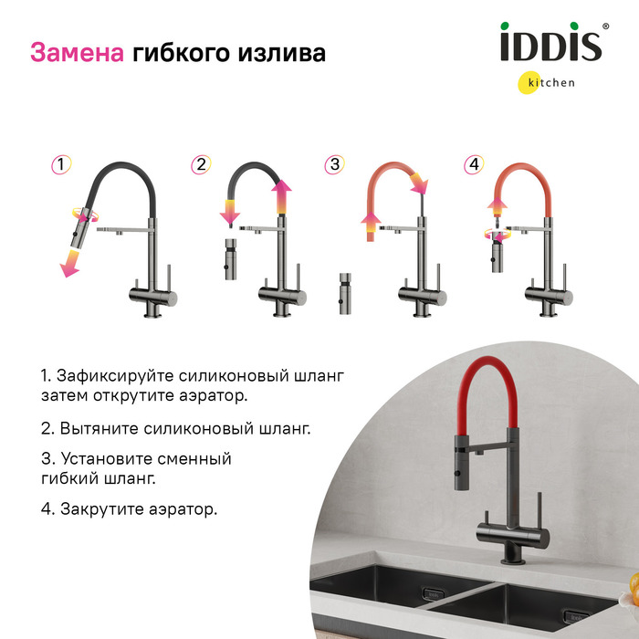 Фото Сменный гибкий шланг для смесителя, силикон, цвет красный, Kitchen Line, IDDIS, FSPRD00i59 2