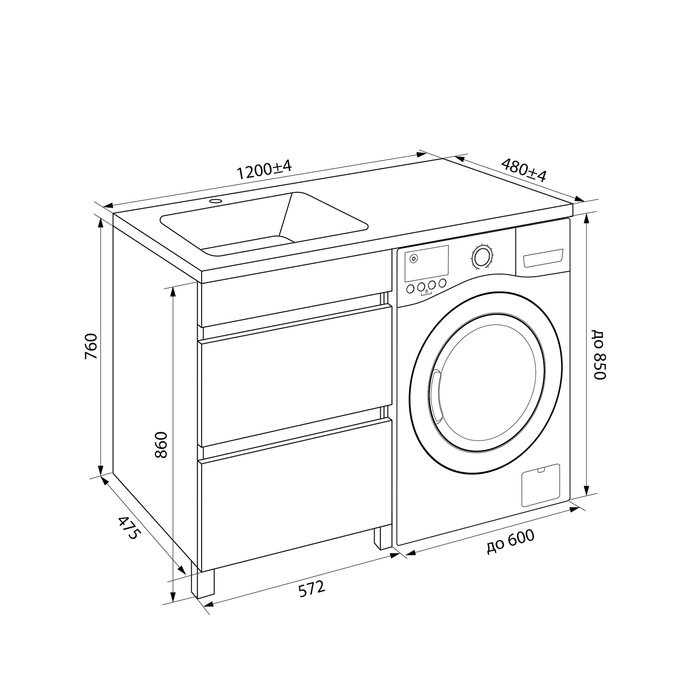 Фото Тумба с умывальником напольная для стиральной машины с ящиками, 120 см, левая, белая, Optima Home, OPH12LBi95K 6