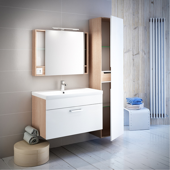 Фото Тумба с умывальником для ванной комнаты, подвесная, 80 см, IDDIS Mirro MIR80W0i95K, белая/под дерево 2