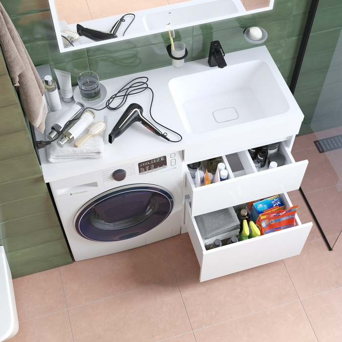 Фото Тумба с умывальником напольная для стиральной машины с ящиками, 120 см, правая, белая, Optima Home, OPH12RBi95K 8