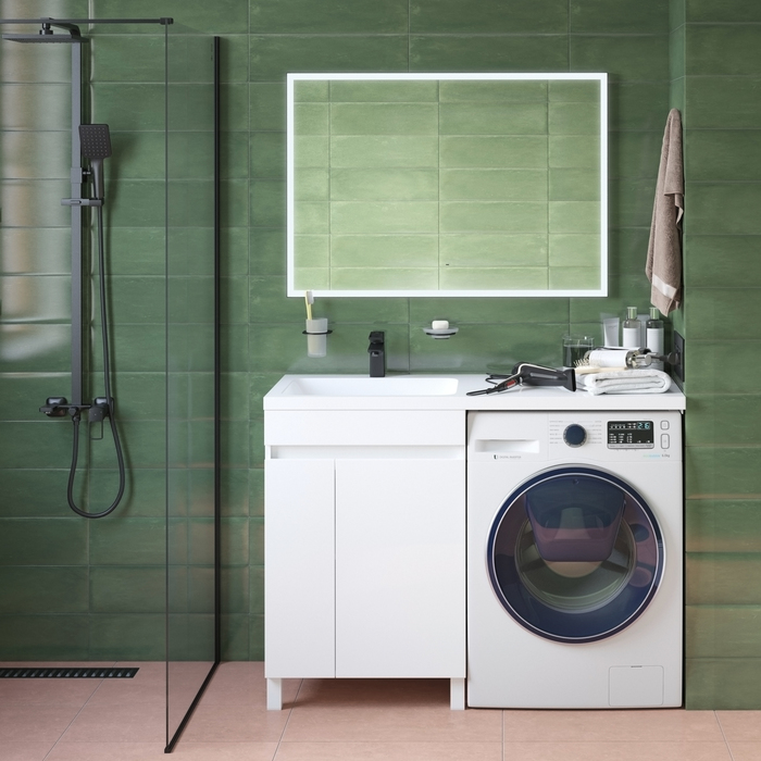 Фото Тумба с умывальником напольная для стиральной машины с дверцами, 120 см, левая, белая, Optima Home, OPH12LDi95K 6