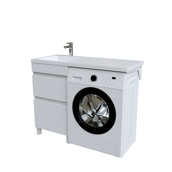 Фото Тумба с умывальником напольная для стиральной машины с ящиками, 110 см, левая, белая, Optima Home, OPH11LBi95K 1