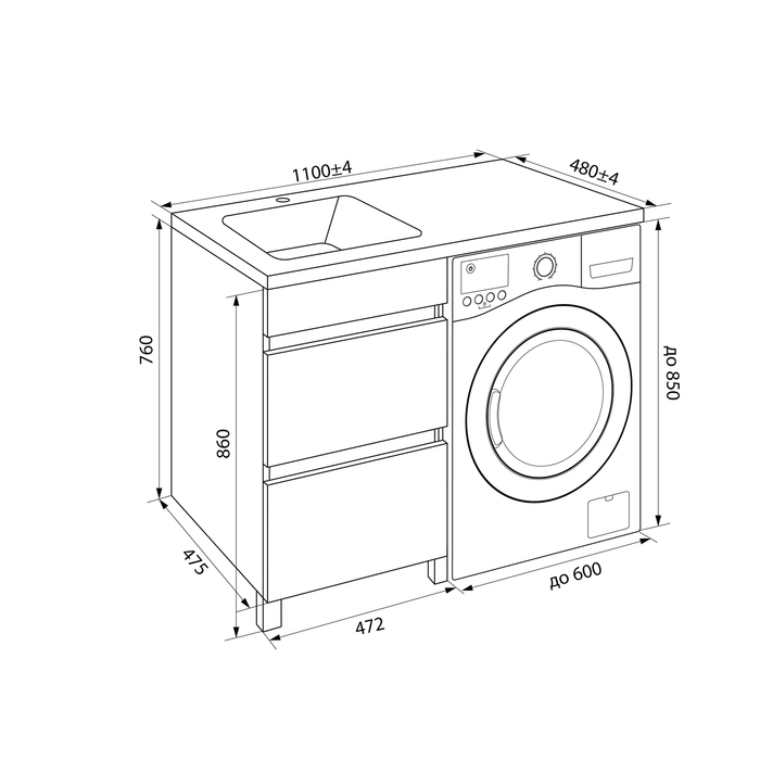 Фото Тумба напольная для стиральной машины с ящиками, 110 см, белая, Optima Home, IDDIS, OPH110Bi95 6