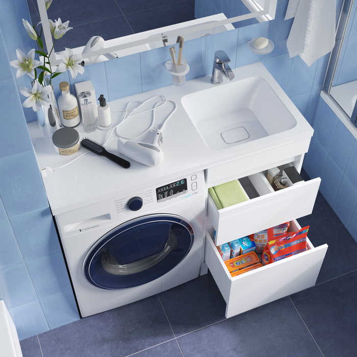 Фото Тумба с умывальником напольная для стиральной машины с ящиками, 110 см, правая, белая, Optima Home, OPH11RBi95K 7