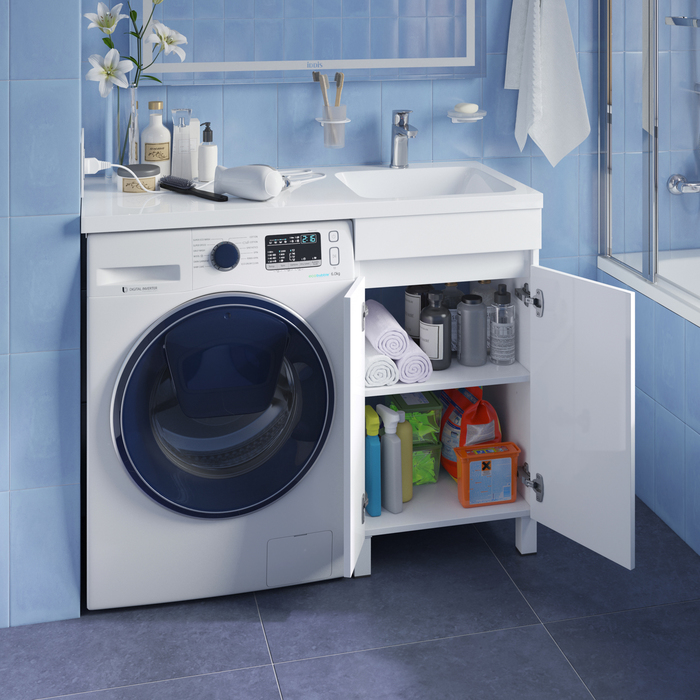 Фото Тумба с умывальником напольная для стиральной машины с дверцами, 110 см, правая, белая, Optima Home, OPH11RDi95K 5