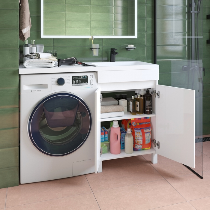 Фото Тумба с умывальником напольная для стиральной машины с дверцами, 120 см, правая, белая, Optima Home, OPH12RDi95K 7