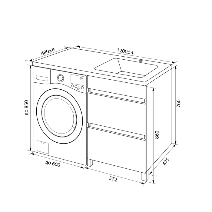 Фото Тумба с умывальником напольная для стиральной машины с ящиками, 120 см, правая, белая, Optima Home, OPH12RBi95K 9