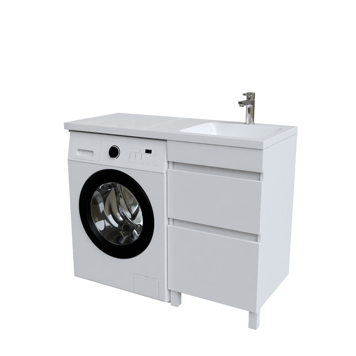 Фото Тумба с умывальником напольная для стиральной машины с ящиками, 110 см, правая, белая, Optima Home, OPH11RBi95K 0