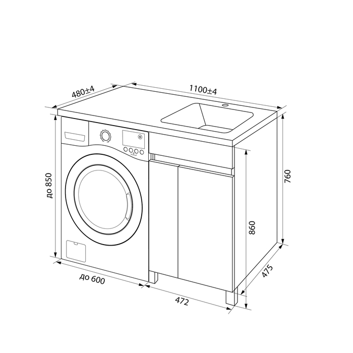 Фото Тумба с умывальником напольная для стиральной машины с дверцами, 110 см, правая, белая, Optima Home, OPH11RDi95K 7